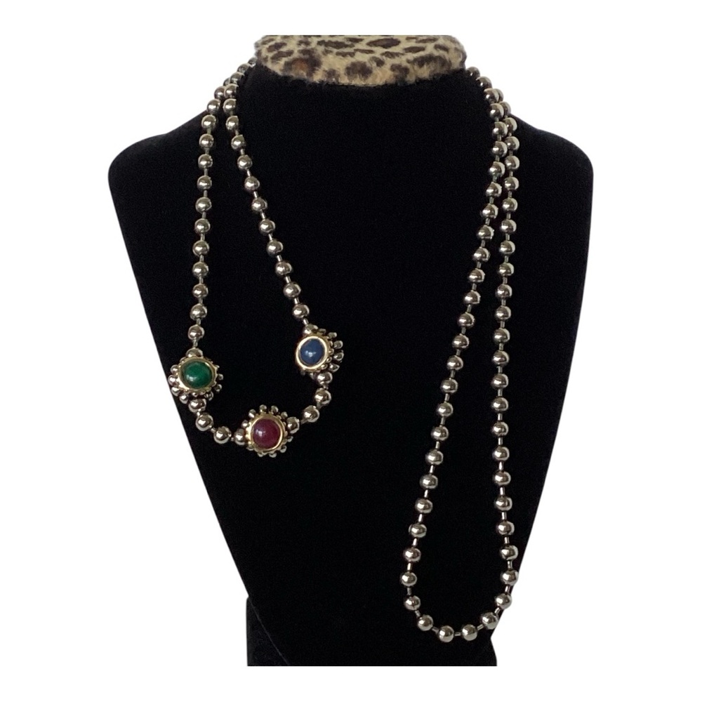 Gripoix Style Silver Tone Bead Ball Chain Multicolor 3 Ball Pendant 18" Necklace - Picture 3 of 16